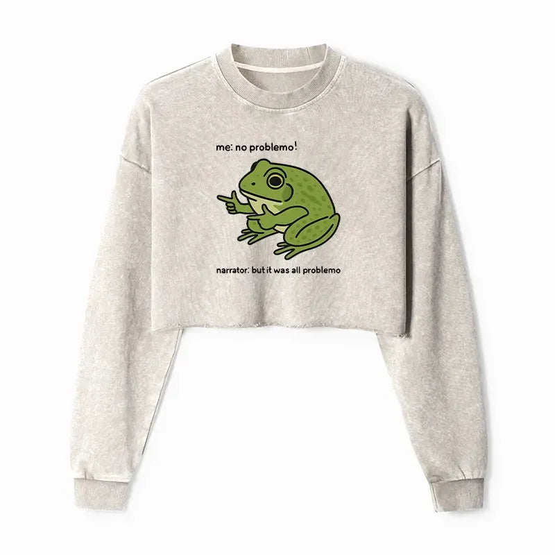 Kyoto-Lion Stupid Frog Meme Washed Crop Sweatshirt