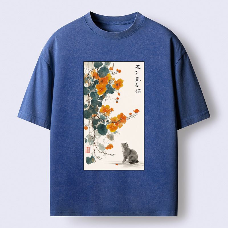 Japanese Cat Flower T-Shirt for Summer