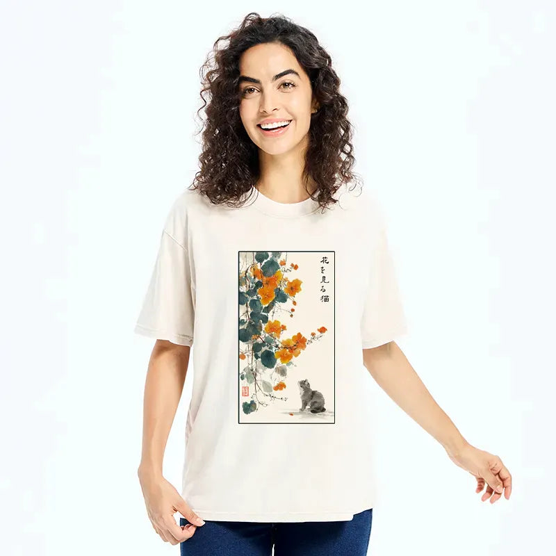 Ukiyo-e Cat Sakura T-Shirt for Streetwear