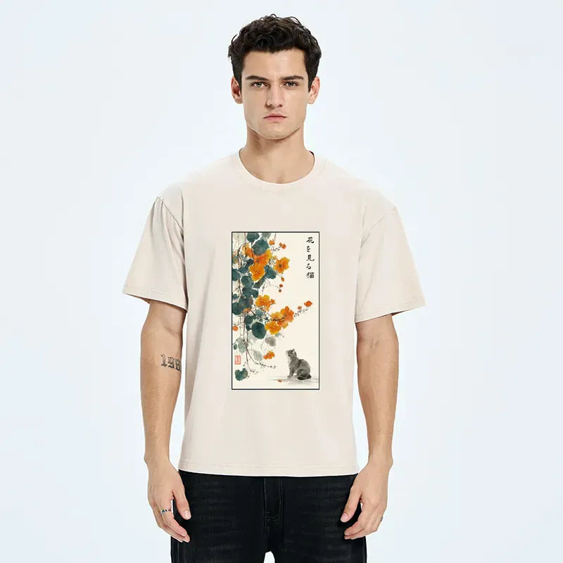 Ukiyo-e Cat Sakura T-Shirt for Streetwear
