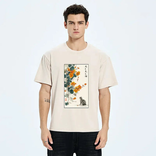 Ukiyo-e Cat Sakura T-Shirt for Streetwear