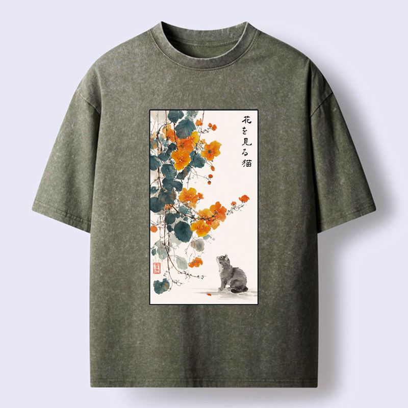 Kyoto-Lion A Cat Watching Flowers Washed T-Shirt