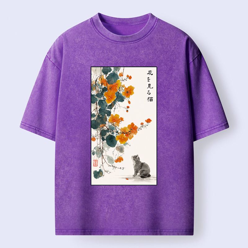 Kyoto-Lion A Cat Watching Flowers Washed T-Shirt