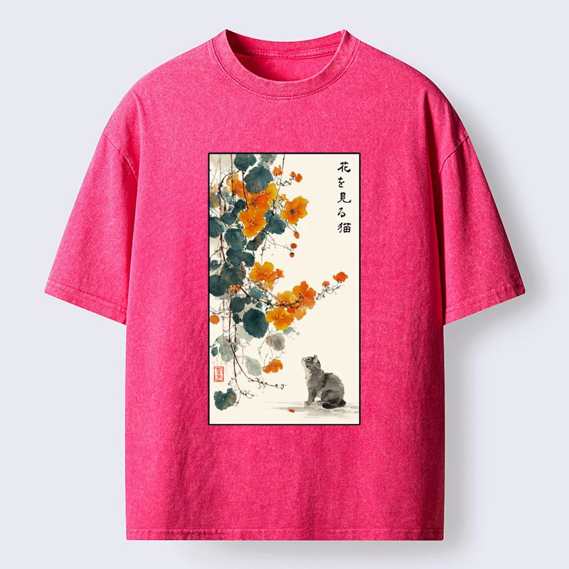 Ukiyo-e Cat Sakura T-Shirt for Streetwear