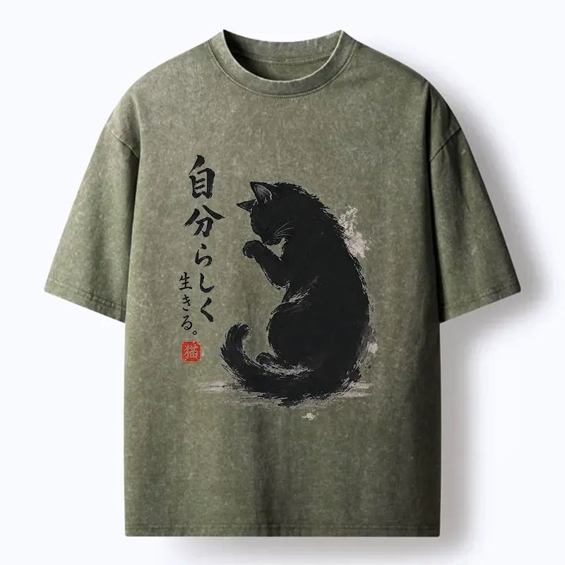 Japanese Black Cat T-Shirt for Daily Wear