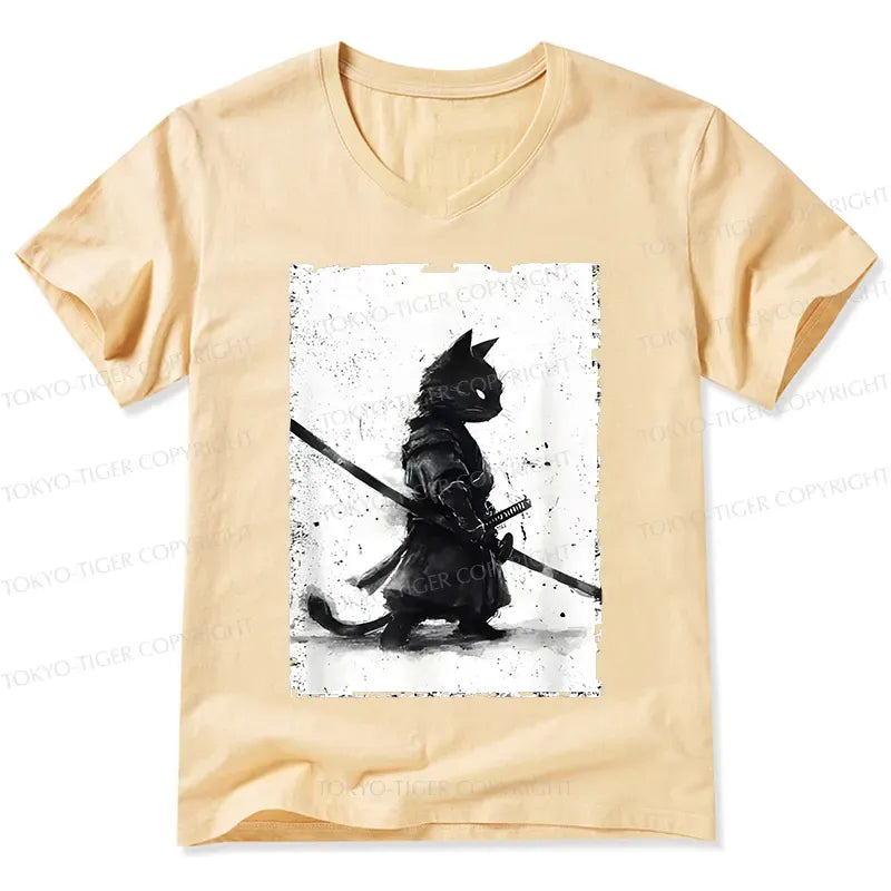 Kyoto-Lion Retro Cat Samurai Japanese V-Neck Classic T-Shirt