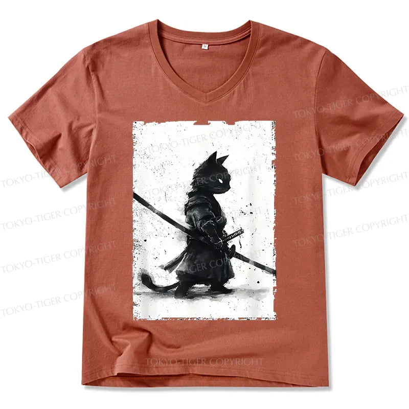 Japanese Samurai Cat V-Neck T-Shirt