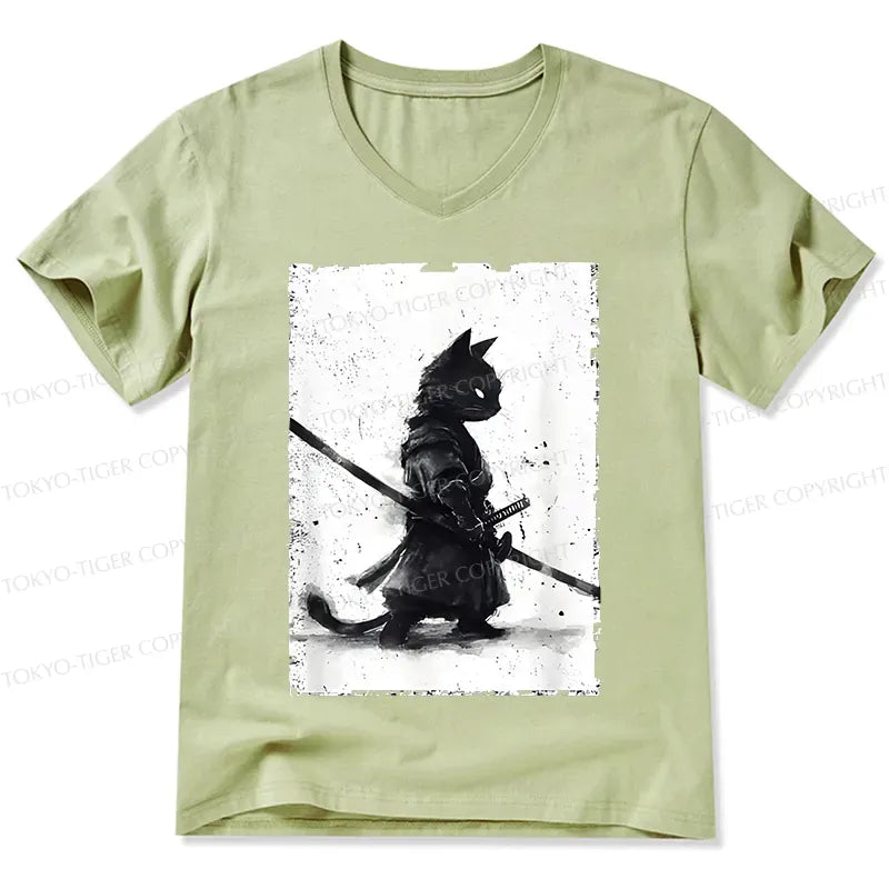 Japanese Samurai Cat V-Neck T-Shirt