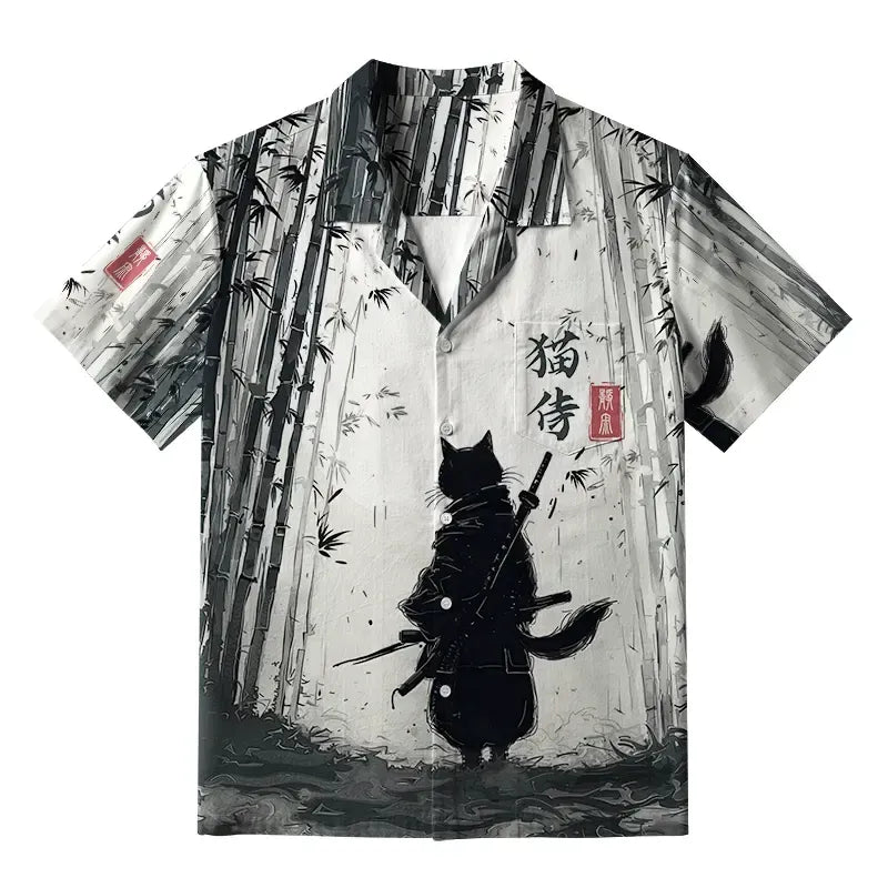 Japanese Samurai Cat Aloha Shirt for Summer