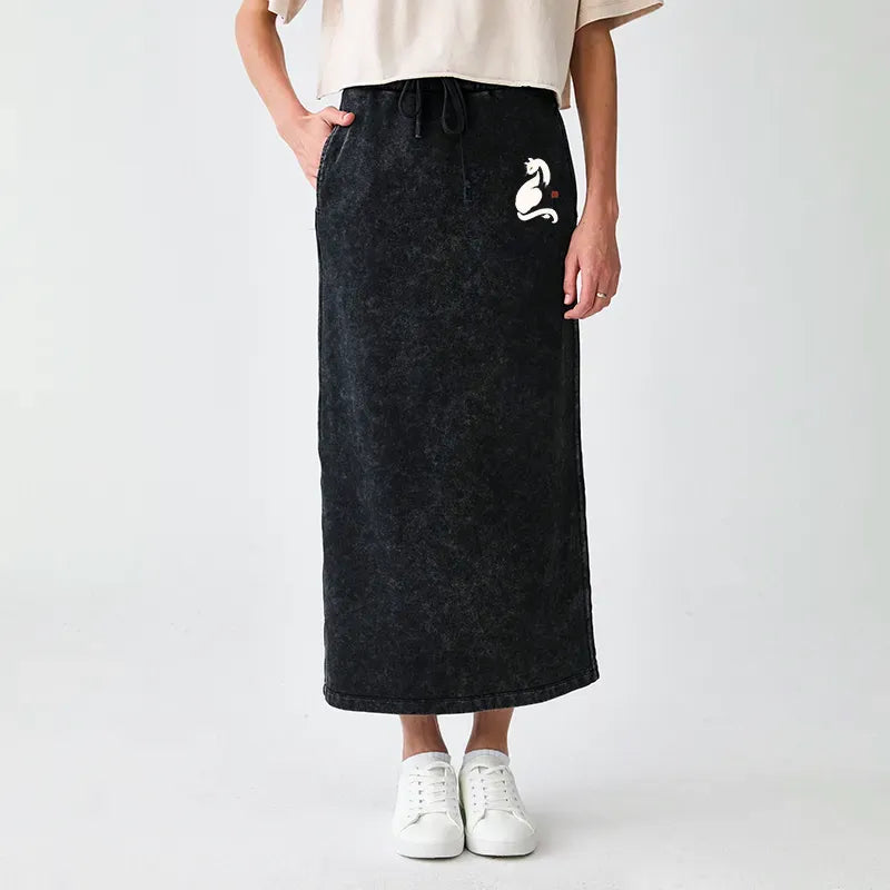 Kyoto-Lion Elegant Black Cat Japan Washed Terry Skirt