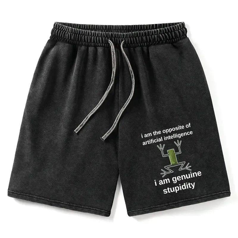 Kyoto-Lion Genuine Stupidity Frog Meme Washed Shorts