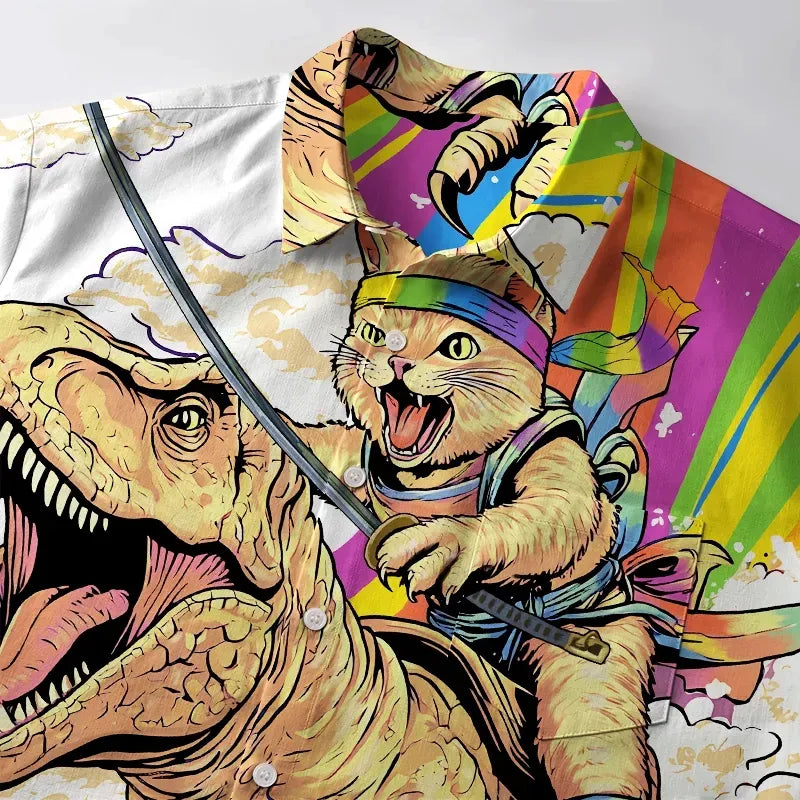 Kyoto-Lion Rainbow Cat Rides A Dinosaur Button-up Shirt