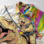 Kyoto-Lion Rainbow Cat Rides A Dinosaur Button-up Shirt