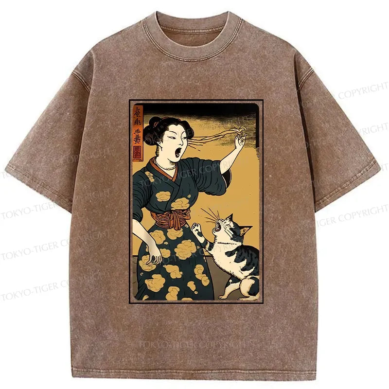 Kyoto-Lion Woman Yelling At Cat Washed T-Shirt