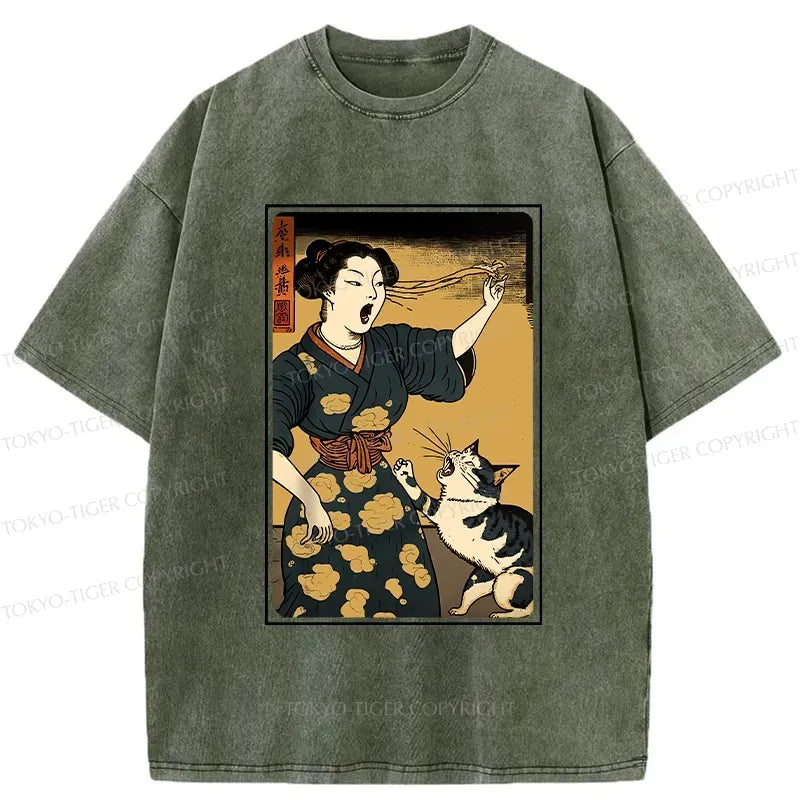 Japanese Washed Cat T-Shirt for Streetwear