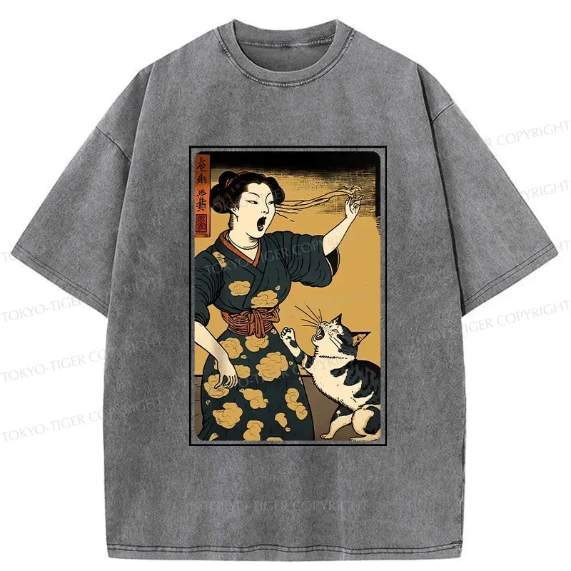Kyoto-Lion Woman Yelling At Cat Washed T-Shirt