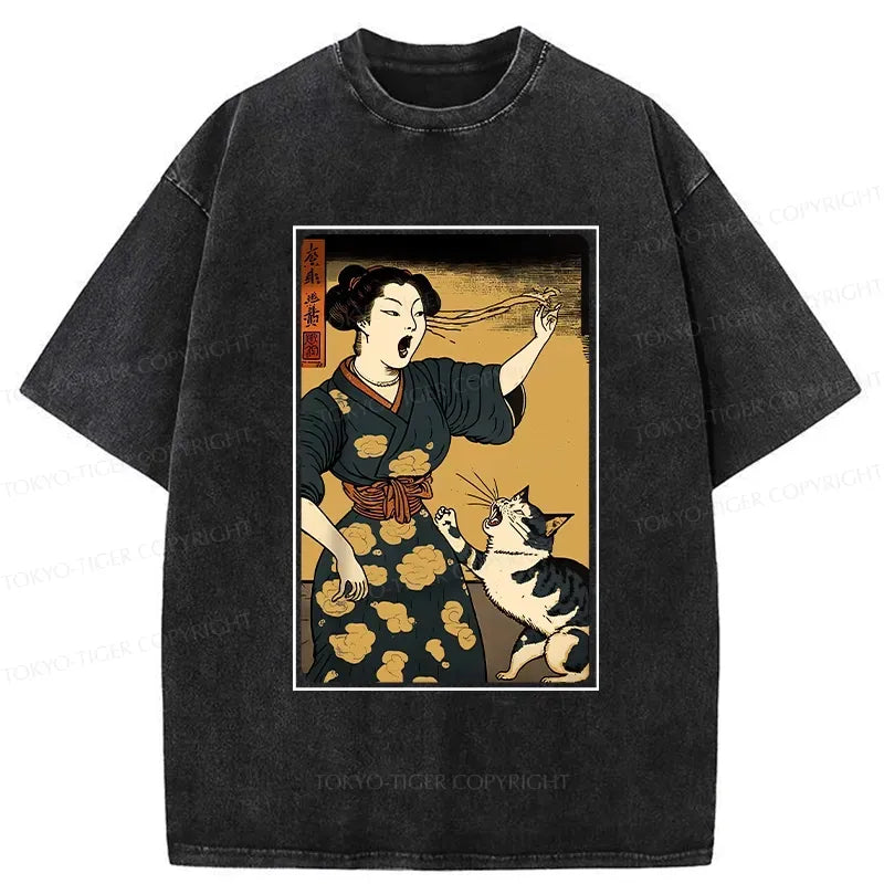 Kyoto-Lion Woman Yelling At Cat Washed T-Shirt