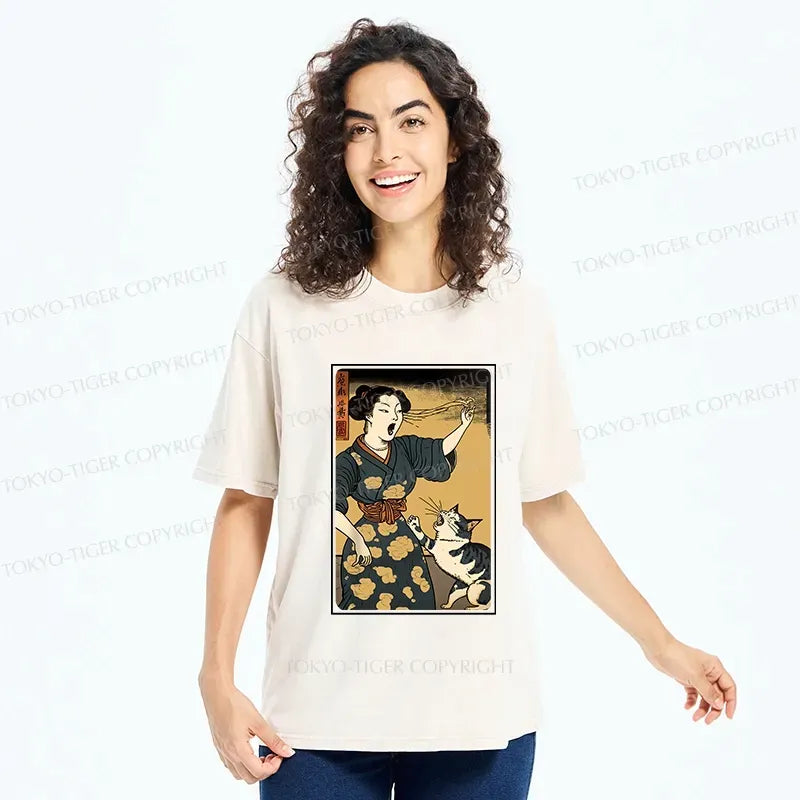 Japanese Washed Cat T-Shirt for Streetwear
