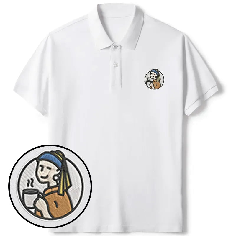 Kyoto-Lion Girl With Pearl Earrings Drinks Coffee Embroidered Polo T-Shirt