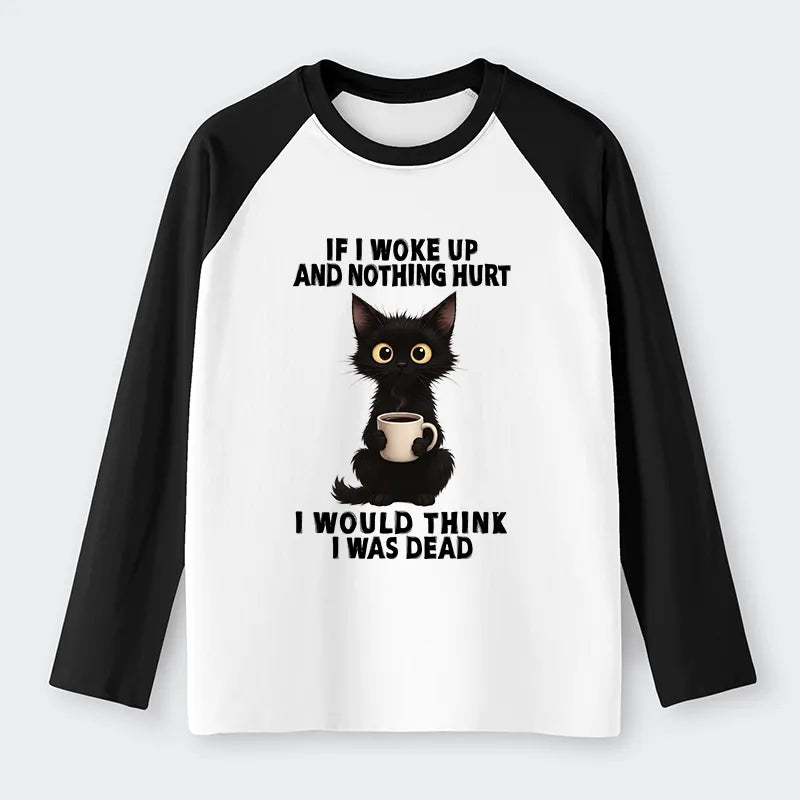 Kyoto-Lion Funny Cute Black Cat And Coffee Meme Raglan Long Sleeve T-shirt