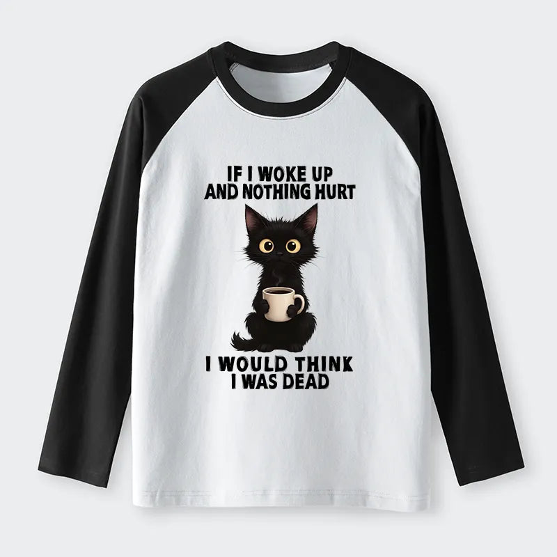 Kyoto-Lion Funny Cute Black Cat And Coffee Meme Raglan Long Sleeve T-shirt