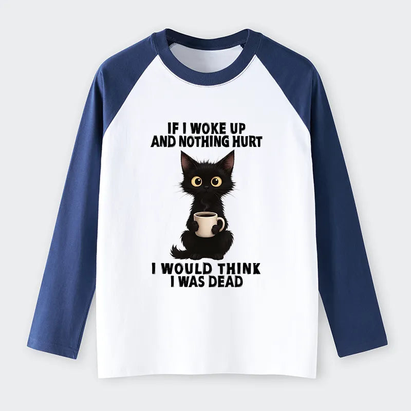 Kyoto-Lion Funny Cute Black Cat And Coffee Meme Raglan Long Sleeve T-shirt
