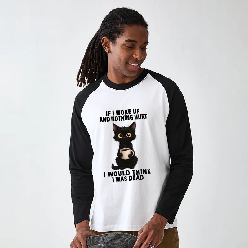 Kyoto-Lion Funny Cute Black Cat And Coffee Meme Raglan Long Sleeve T-shirt