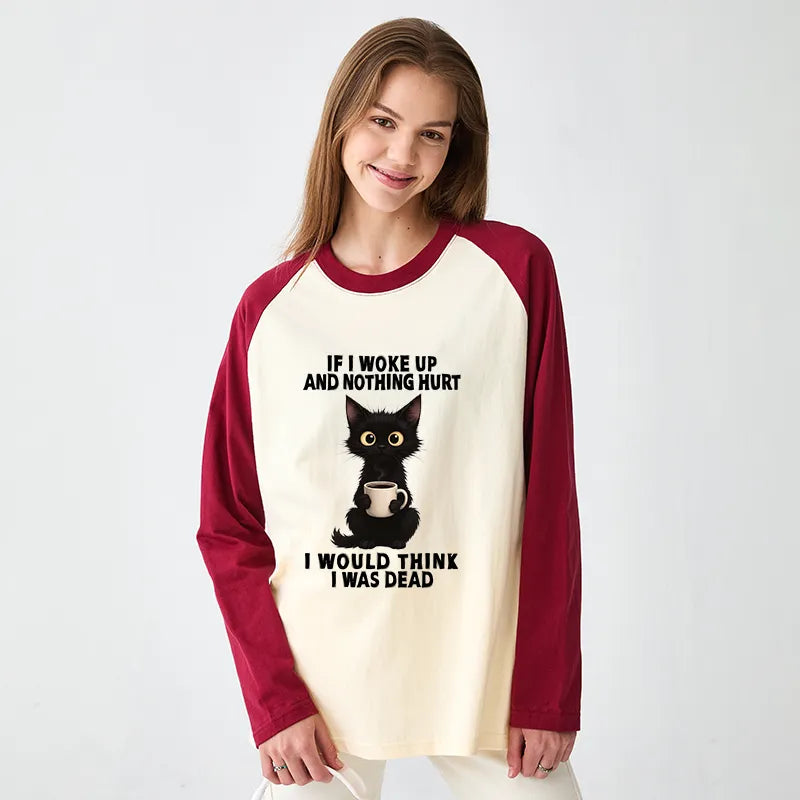 Kyoto-Lion Funny Cute Black Cat And Coffee Meme Raglan Long Sleeve T-shirt