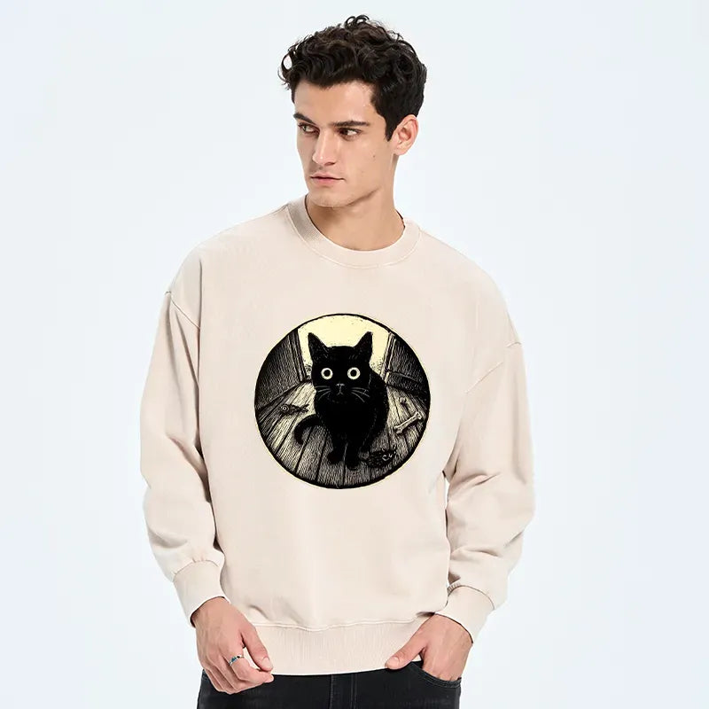 Japanese Black Cat Washed Sweatshirt