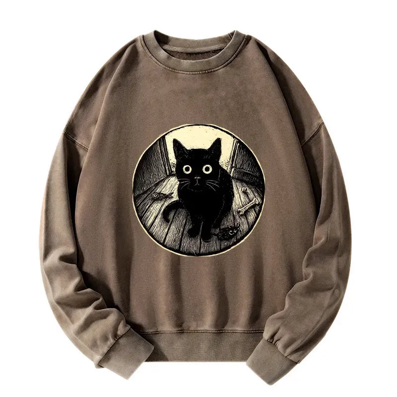 Japanese Black Cat Washed Sweatshirt
