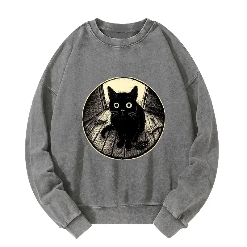 Kyoto-Lion Waiting Black Cat Washed Sweatshirt