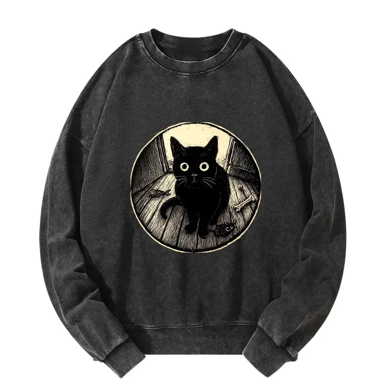 Kyoto-Lion Waiting Black Cat Washed Sweatshirt