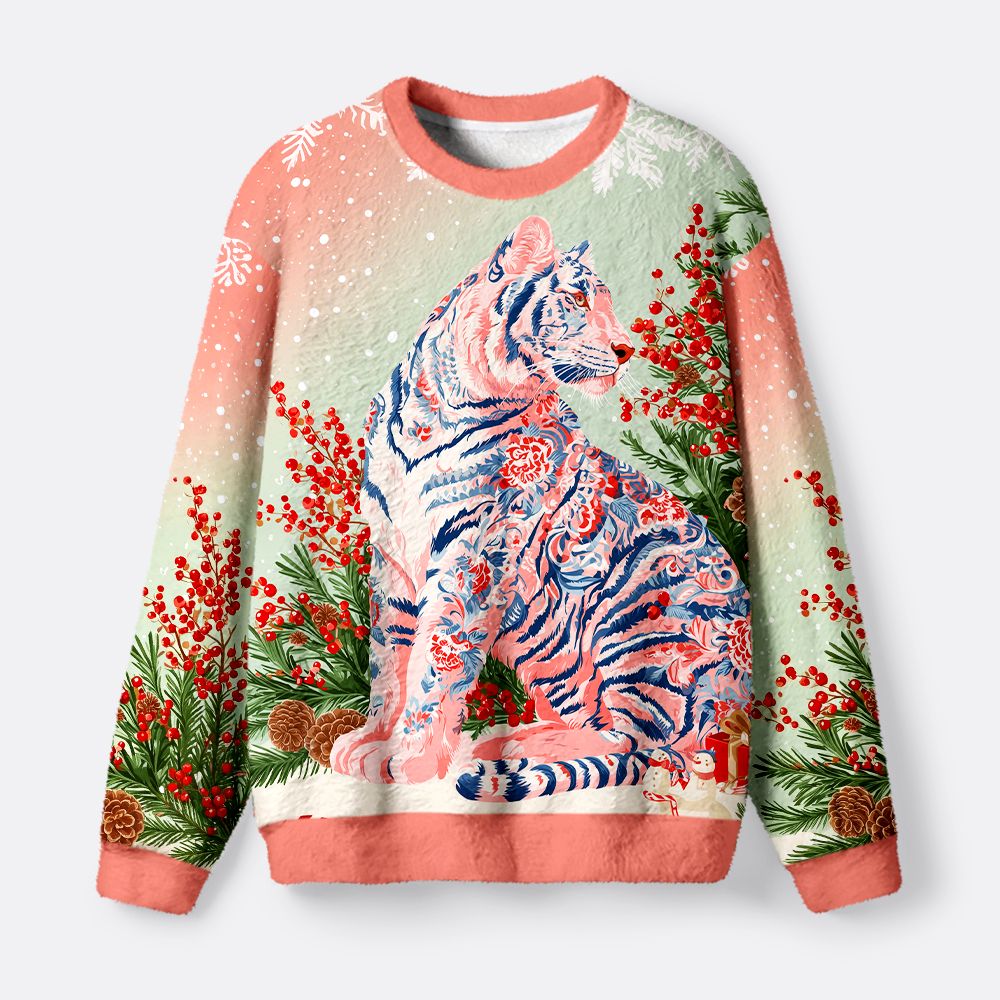 Kyoto-Lion Festive Tiger Fuzzy Christmas Ugly Sweatshirt