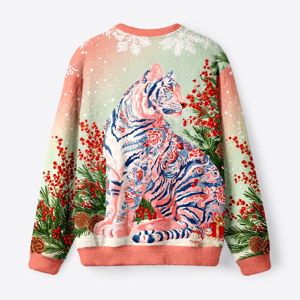 Kyoto-Lion Festive Tiger Fuzzy Christmas Ugly Sweatshirt