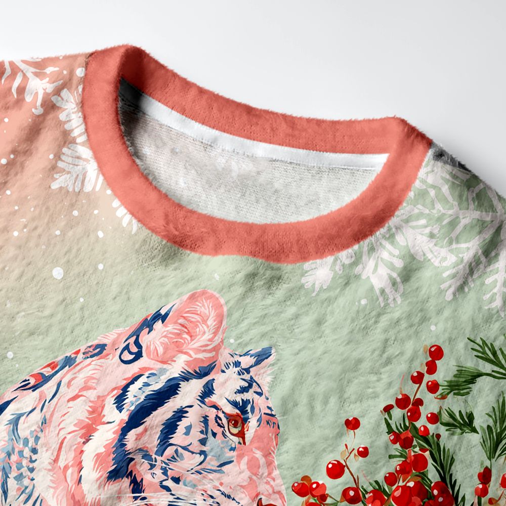 Kyoto-Lion Festive Tiger Fuzzy Christmas Ugly Sweatshirt