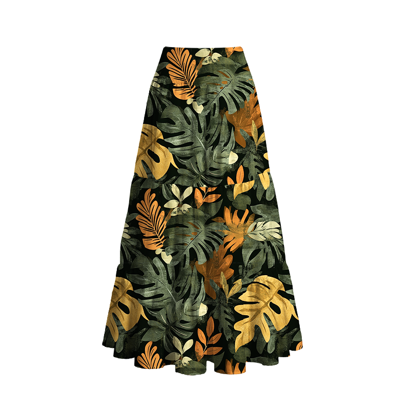 Tropical Leaf Aloha Maxi Skirt for Vacation