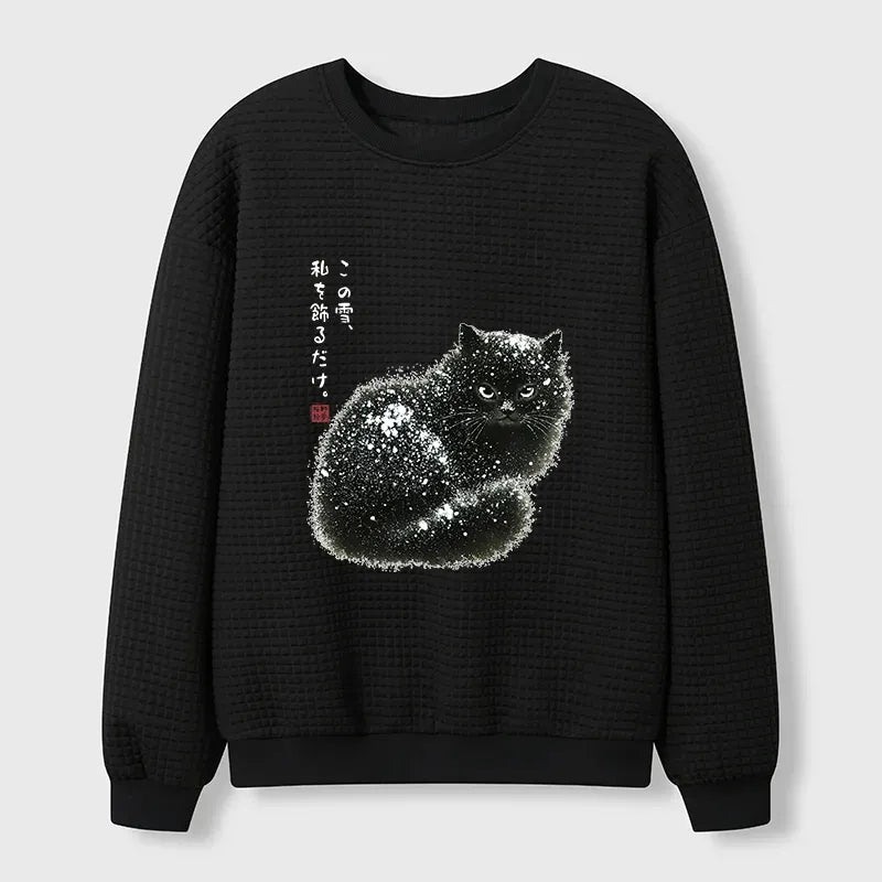 Kyoto-Lion Black Cat Adorned by Snow Waffle Sweatshirt