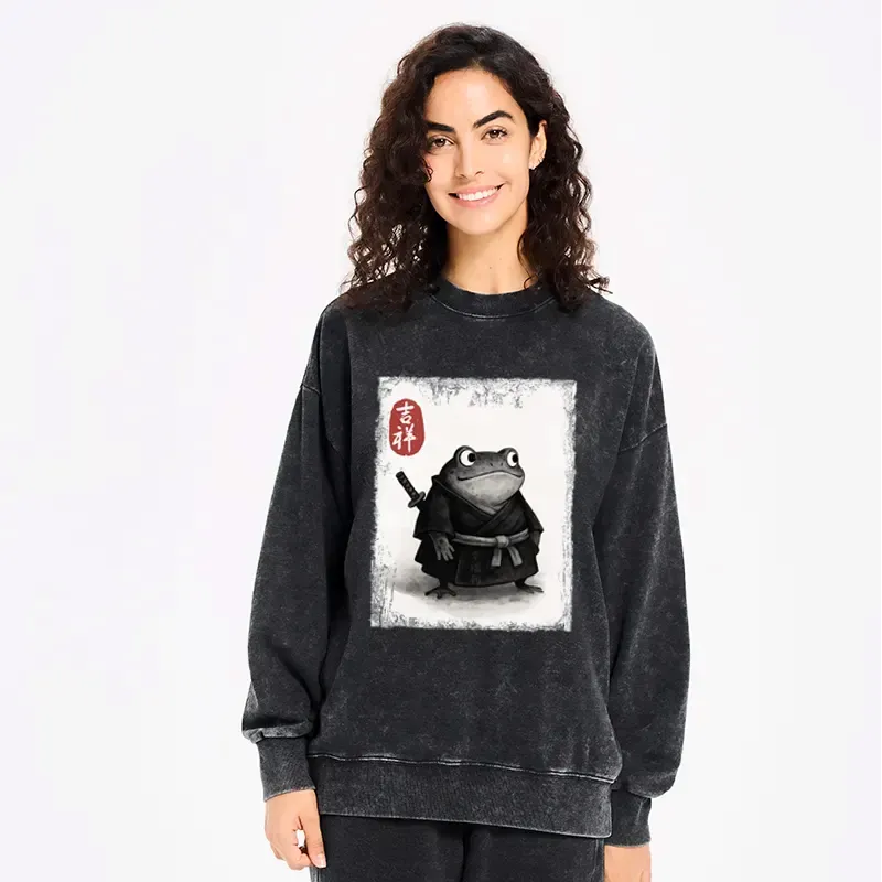 Japanese Samurai Washed Sweatshirt for Daily Wear