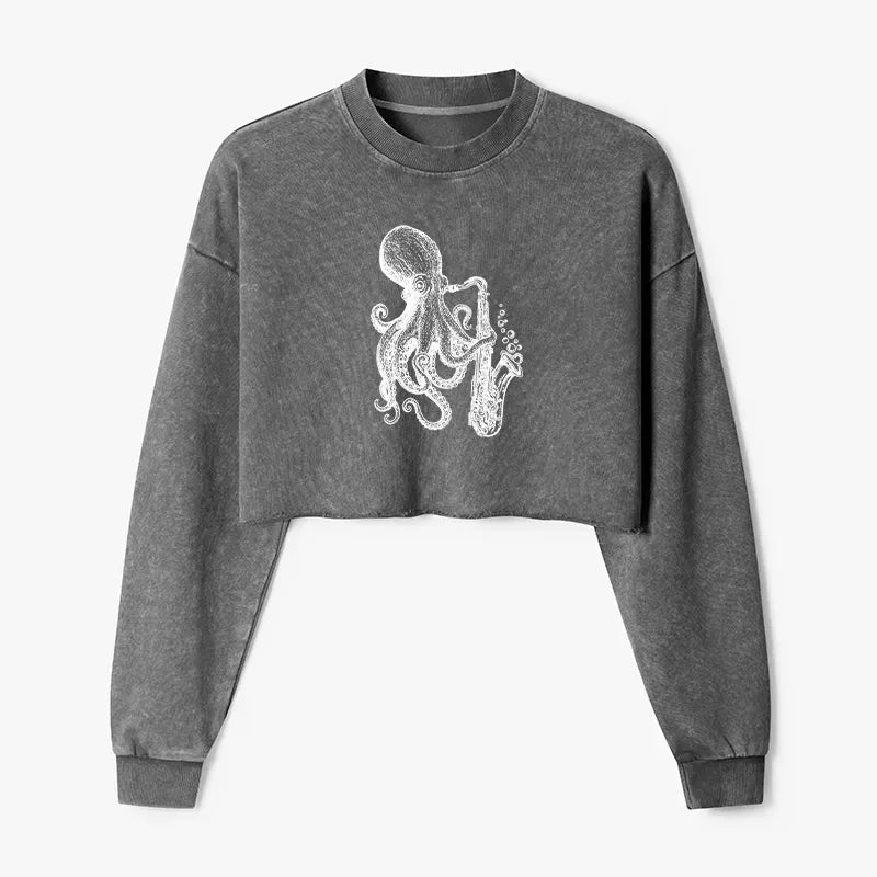 Kyoto-Lion Octopus Playing Saxophone Washed Crop Sweatshirt