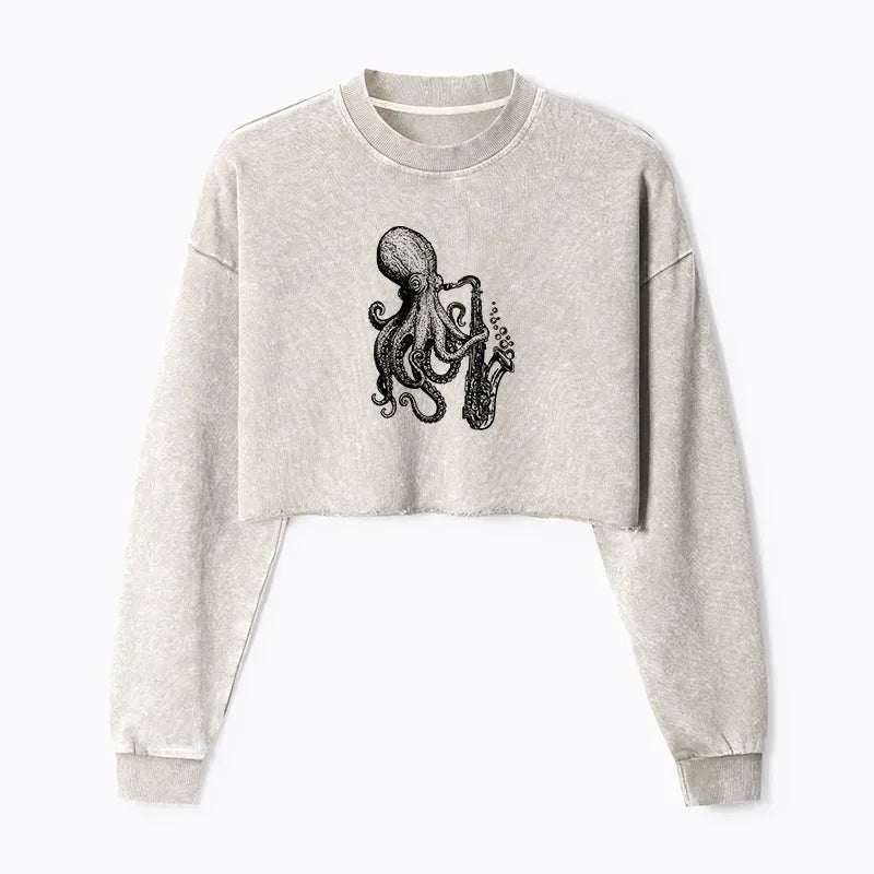 Kyoto-Lion Octopus Playing Saxophone Washed Crop Sweatshirt
