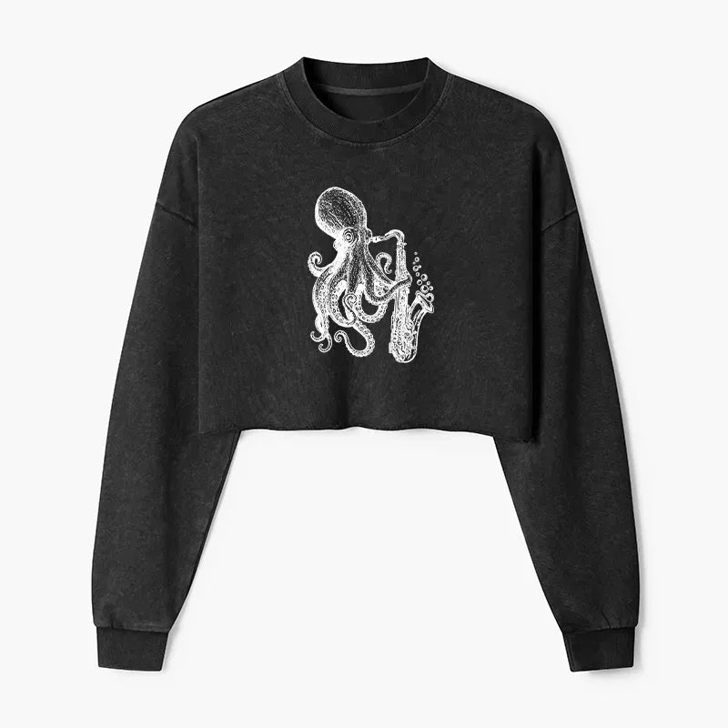 Washed Crop Sweatshirt with Japanese Octopus Design