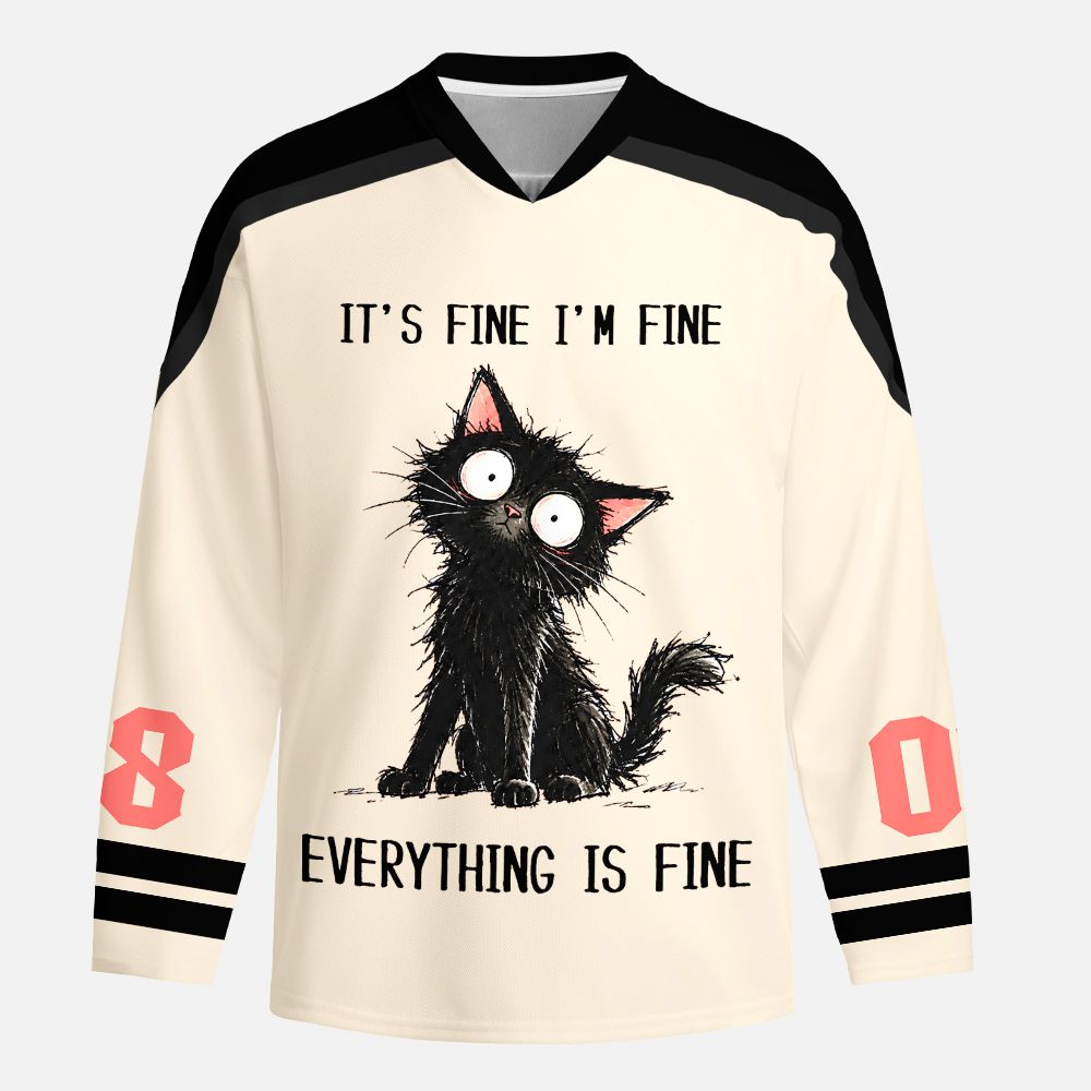 Kyoto-Lion It's Fine Black Cat Meme Long-Sleeve Hockey Jersey