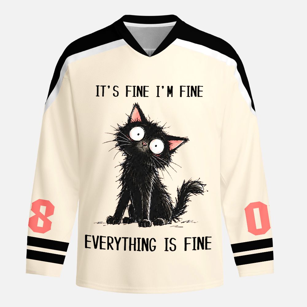 Kyoto-Lion It's Fine Black Cat Meme Long-Sleeve Hockey Jersey