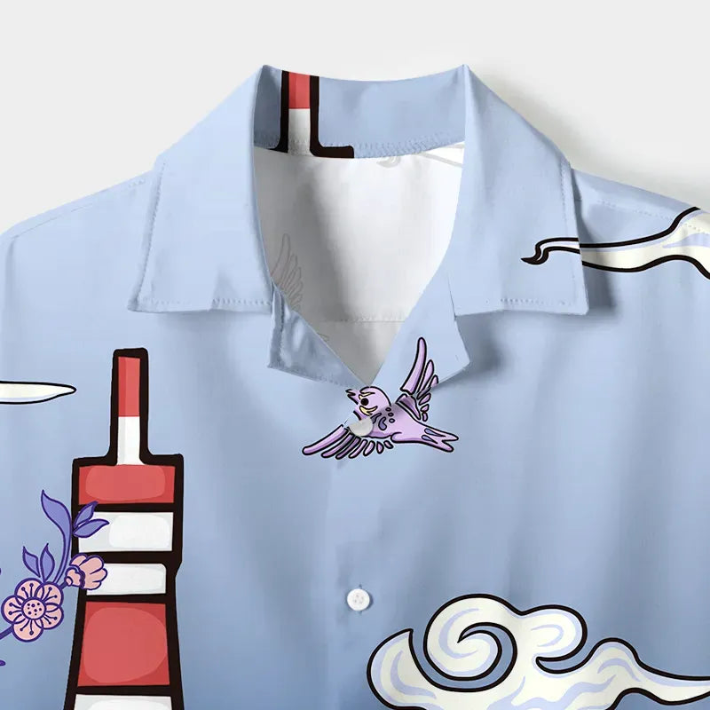 Kyoto-Lion Tokyo Tower Landscape With Cat Cuban Collar Shirt