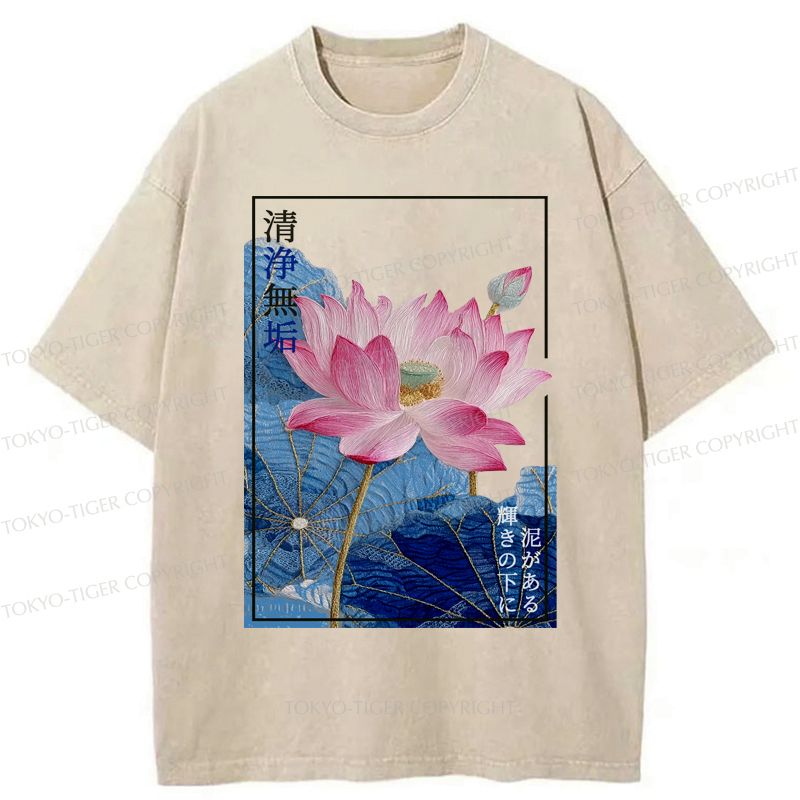 Kyoto-Lion The Elegance of Ukiyo-e Lotus Washed T-Shirt