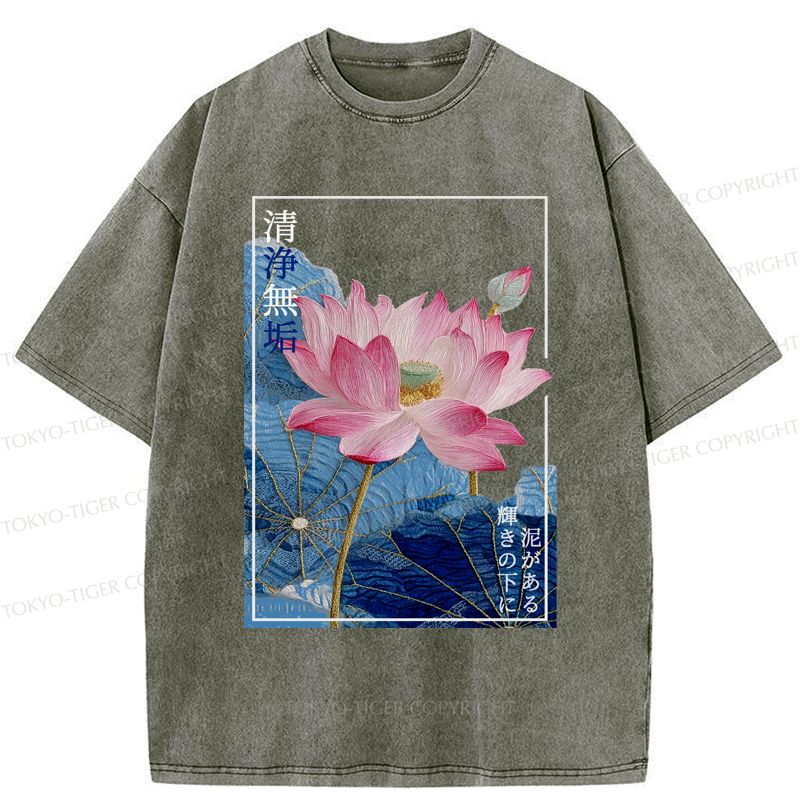 Kyoto-Lion The Elegance of Ukiyo-e Lotus Washed T-Shirt