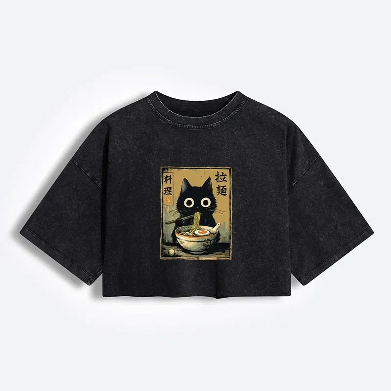 Kyoto-Lion Cute Black Cat Eating Ramen Japan Women's Washed Crop T-Shirt