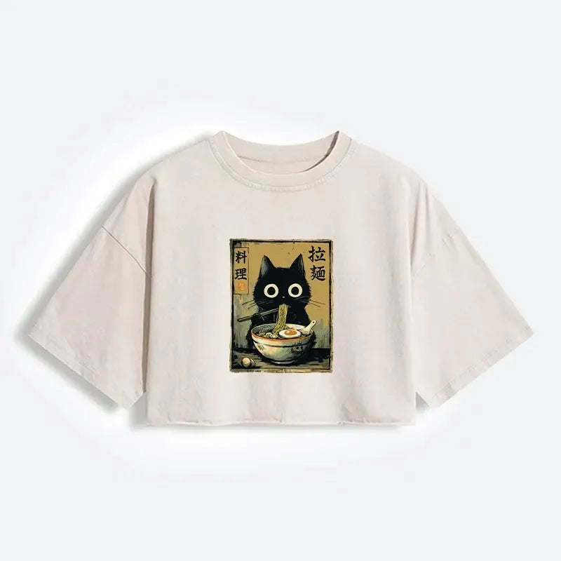 Cute Black Cat Ramen T-Shirt for Women