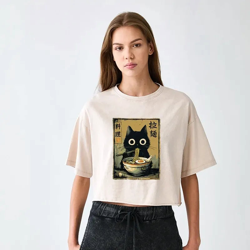 Cute Black Cat Ramen T-Shirt for Women