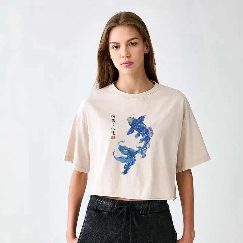 Blue Koi Art Washed Tee for Summer